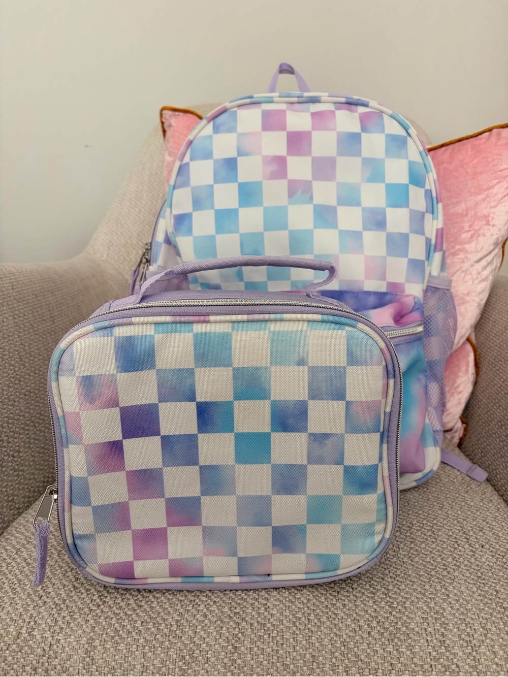 Kids Checkerboard Backpack & Lunch Bag Set - Pastel Blue Purple